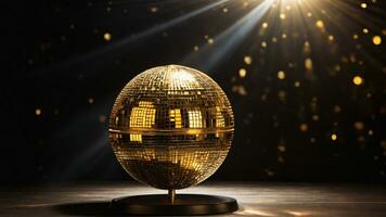 ai gerado ouro discoteca bola em uma Preto bokeh luz fundo. 3d ilustração. 3d render foto