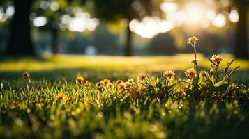 ai gerado pôr do sol brilho em laranja flores dentro uma parque. ai gerado. foto