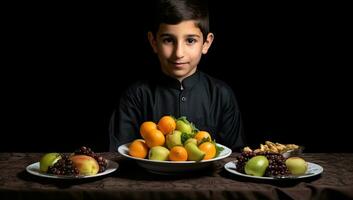 ai gerado jovem Garoto com frutas em uma Preto fundo. saudável Comida conceito. foto