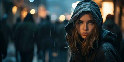 ai gerado jovem mulher dentro a chuva dentro a cidade às noite. ai gerado. foto