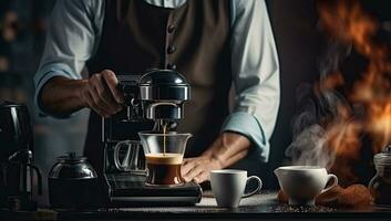 ai gerado profissional barista preparando café dentro cafeteria. ai gerado. foto