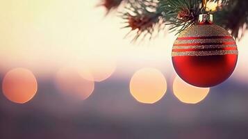 ai gerado abstrato Natal árvore decoração fundo, vermelho árvore bola borrado fundo foto