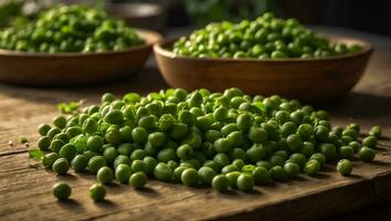 ai gerado fresco apetitoso verde ervilhas em a cozinha mesa foto