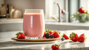 ai gerado leite batido com morangos dentro a cozinha foto