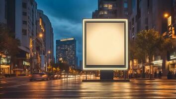 ai gerado em branco publicidade bandeira em a rua às noite foto