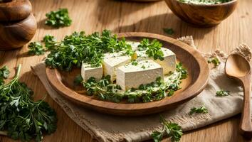 ai gerado fresco tofu queijo com salsinha dentro a cozinha foto