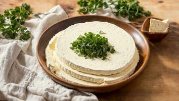 ai gerado fresco tofu queijo com salsinha dentro a cozinha foto