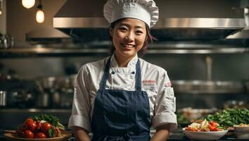 ai gerado feliz ásia mulher cozinhar dentro restaurante cozinha foto