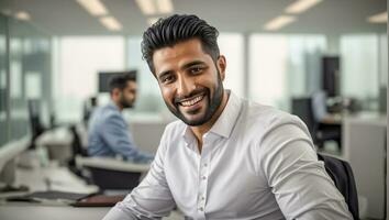 ai gerado retrato do a árabe masculino homem de negocios dentro a escritório foto