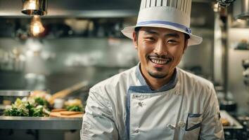 ai gerado feliz ásia masculino cozinhar dentro cozinha foto