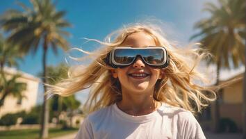 ai gerado menina dentro virtual realidade óculos em a ruas dentro verão foto