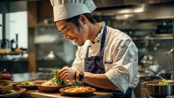 ai gerado feliz ásia masculino cozinhar dentro cozinha foto