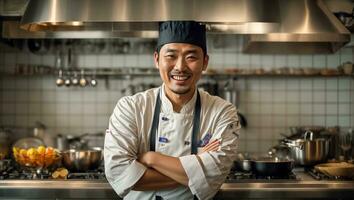 ai gerado feliz ásia masculino cozinhar dentro cozinha foto