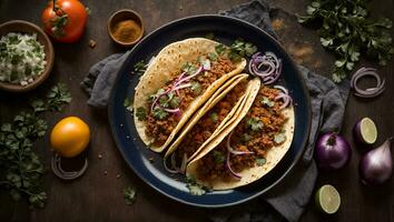 ai gerado delicioso apetitoso taco com carne e cebola em velho fundo foto