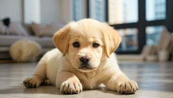 ai gerado fofa labrador cachorro dentro a quarto foto