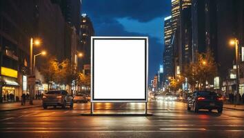 ai gerado em branco publicidade bandeira em a rua às noite foto