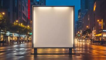 ai gerado em branco publicidade bandeira em a rua às noite foto