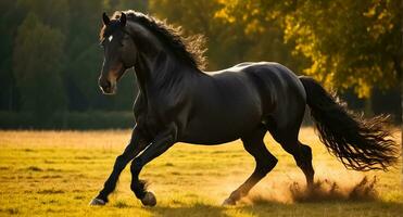 ai gerado lindo Sombrio cavalo corre dentro natureza foto