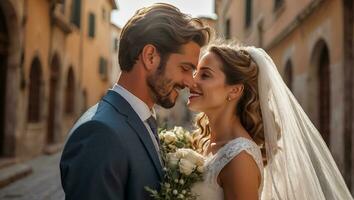 ai gerado retrato do uma feliz recém-casado casal em a verão rua foto