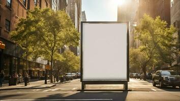 ai gerado em branco publicidade bandeira em a dia rua foto