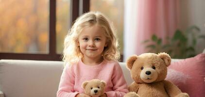 ai gerado retrato do uma pequeno menina com uma Urso de pelúcia Urso dentro a quarto foto