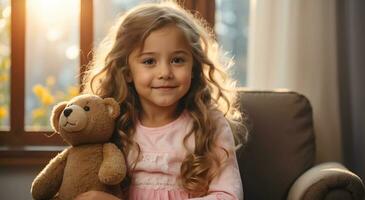 ai gerado retrato do uma pequeno menina com uma Urso de pelúcia Urso dentro a quarto foto
