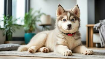 ai gerado fofa rouco cachorro dentro a quarto foto