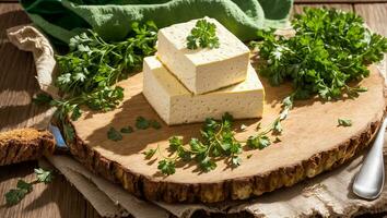 ai gerado fresco tofu queijo com salsinha dentro a cozinha foto