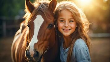 ai gerado retrato do uma pequeno menina com uma cavalo dentro natureza foto