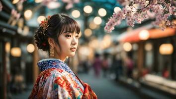 ai gerado retrato do uma lindo japonês garota, flor foto
