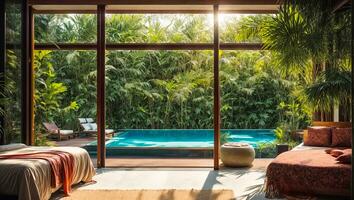 ai gerado quarto com piscina, tropical plantas foto