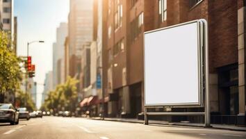 ai gerado em branco publicidade bandeira em a dia rua foto