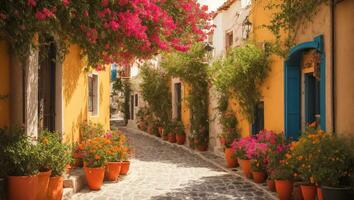 ai gerado verão rua do Grécia com flores foto