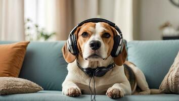 ai gerado fofa beagle cachorro vestindo fones de ouvido dentro a quarto foto