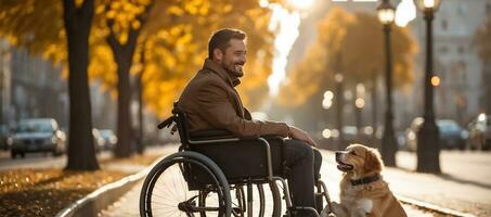 ai gerado homem dentro uma cadeira de rodas com uma cachorro em a rua foto