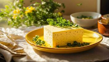 ai gerado fresco tofu queijo com salsinha dentro a cozinha foto