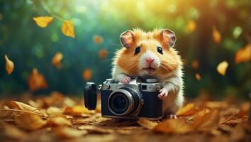 ai gerado fofa engraçado hamster com uma Câmera dentro a parque foto