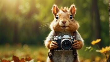 ai gerado fofa amigáveis esquilo com uma Câmera dentro a parque foto