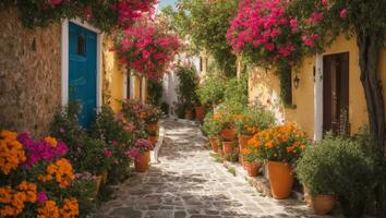 ai gerado verão rua do Grécia com flores foto