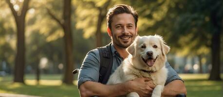 ai gerado homem dentro uma cadeira de rodas com uma cachorro em a rua foto