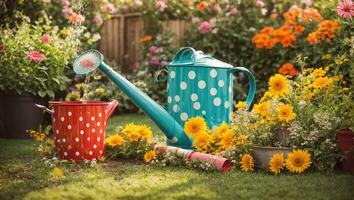 ai gerado colori rega pode com flores dentro a verão jardim foto