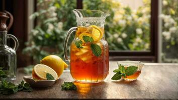 ai gerado frio chá com limão e hortelã em a mesa dentro vidro foto