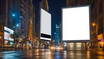 ai gerado em branco publicidade bandeira em a rua às noite foto