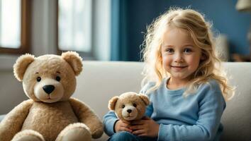 ai gerado retrato do uma pequeno menina com uma Urso de pelúcia Urso dentro a quarto foto