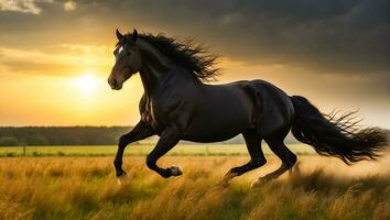 ai gerado lindo Sombrio cavalo corre dentro natureza foto