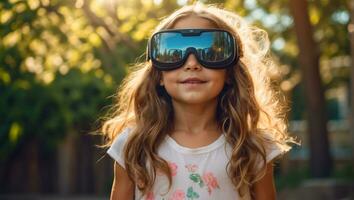 ai gerado menina dentro virtual realidade óculos em a ruas dentro verão foto