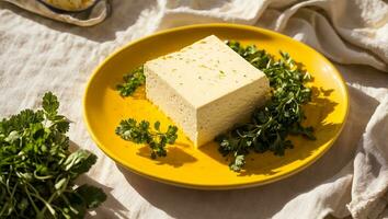 ai gerado fresco tofu queijo com salsinha dentro a cozinha foto