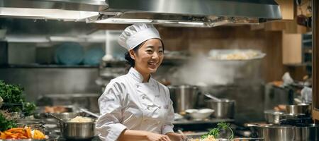 ai gerado feliz ásia mulher cozinhar dentro restaurante cozinha foto