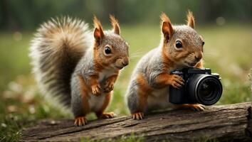 ai gerado fofa amigáveis esquilo com uma Câmera dentro a parque foto