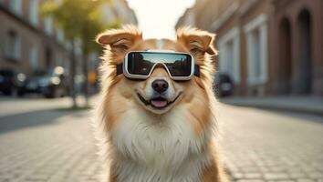 ai gerado fofa cachorro vestindo virtual realidade óculos em a rua foto
